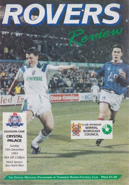 Tranmere Rovers v Crystal Palace Match Programme 1993-12-19